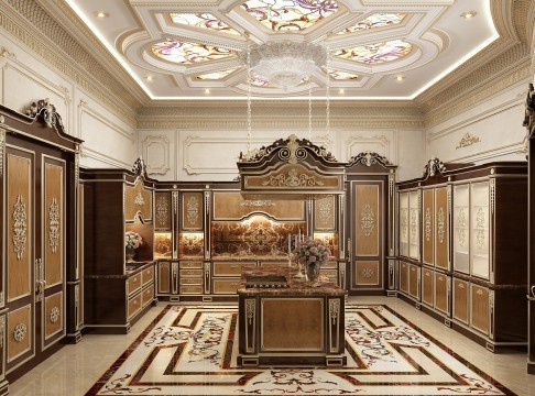 jpgThis picture shows a luxurious and modern looking two-story bedroom. It has a large king-sized bed with four tall, ornate posts at each corner, and the entire frame is decorated in gold and brown accents. On either side of the bed, there are two large dressers, and in the background, there is a seating area with an upholstered sofa and armchair. The room also boasts large windows with light wooden framing that let in plenty of natural light. Several elegant lamps provide additional lighting, and the walls have been painted a rich, earthy color.