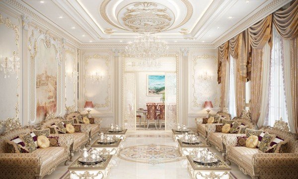 A luxurious interior, with marble detail and an abundance of chic furniture, decorated to perfection.