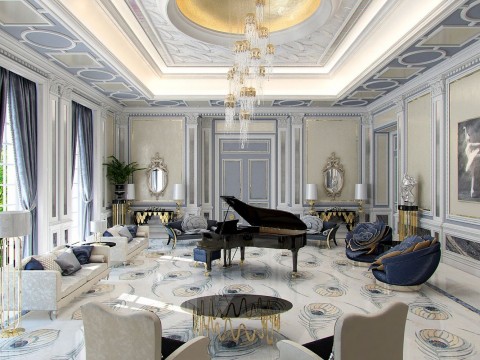 This picture shows a luxurious and modern living space with a white, black, and gold color scheme. At the center of the room is a comfortable white leather sofa surrounded by two elegant armchairs and a beautiful cream-colored armchair. The walls are painted white, with a large modern chandelier and decorative black frames on the wall. There is also a gold-colored geometric pattern on the floor adding texture and color to this room.