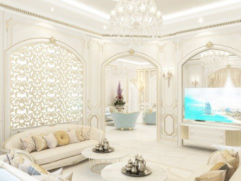 This picture is a rendering of an extravagant bedroom designed with gold and beige tones. The bedroom features a large king-size bed in the center, with a luxurious golden headboard on one end. Behind the bed stands a dresser with a mirror, flanked by two tall armoires. On the left side of the bed is a unique accent chair upholstered in a beige velvet fabric. On the right side is a marble side table, with a tall gold lamp beside it. In the corner there is a plush chaise lounge, with a white rug underneath for added