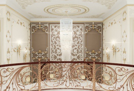 A modern apartment with luxurious golden finishes in the walls, decor, and furniture. Glamorous and elegant atmosphere.