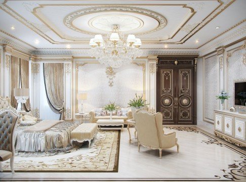 The picture shows a luxurious home interior featuring an elegant white marble floor and plush grey and white checkered sitting area. The room features large windows covered with long red drapes, matching the gold and red velvet armchairs in the center. A grandiose chandelier hangs from above, providing ambient lighting for the room. On the left side of the room is an ornate fireplace with a mantel adorned with a variety of decorative objects.