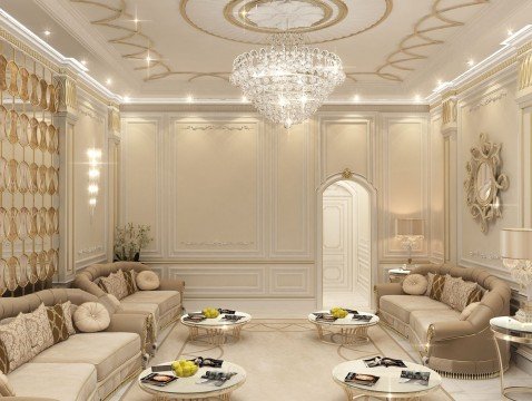 This picture shows an elegantly designed living room. The room is furnished with a large grey sofa, a white armchair, and a round wood coffee table, all centered around a beige shag rug. The walls are adorned with modern wall art, and the room is illuminated with both natural light and floor lamps.