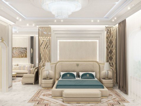 This is an amazing, luxurious, and modern living room that exudes a classic grandeur with its white furniture and unique chandelier.