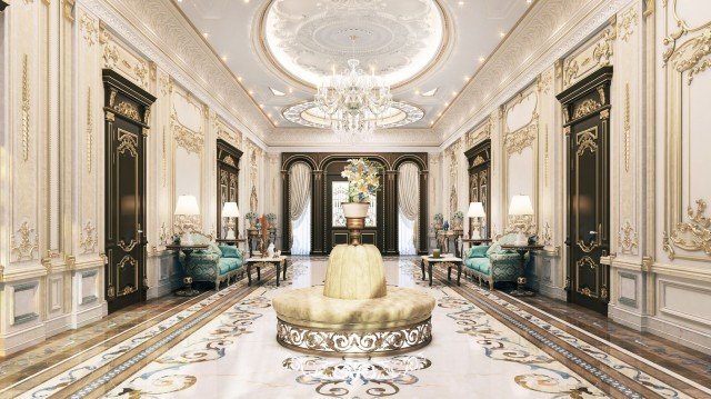 Luxurious living room dominated by golden elements creating a sophisticated and grand atmosphere perfect for relaxation.