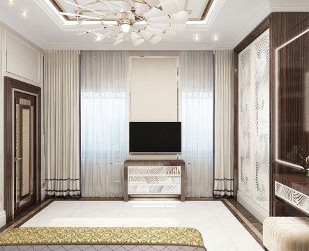 Beautiful luxurious interior design – modern chandelier, classic furniture, stunning wall paneling with elegant details.