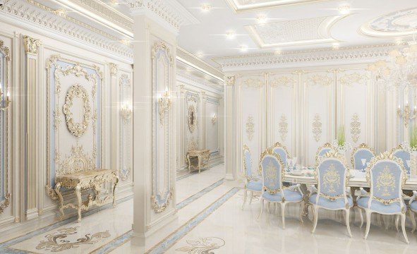 jpgThe picture shows a grandly designed formal living room with a curved staircase in the background. The decor is predominantly ornate and luxurious, with gold accents and a marble floor. The walls are a deep shade of navy blue, with bold white crown molding and tall fluted columns that frame and separate the space. A large crystal chandelier hangs from the ceiling, illuminating two plush velvet couches, an intricately patterned footstool, and an elaborately carved wooden coffee table. A grand piano occupies the center of the room, surrounded by various pieces of art and sculptures