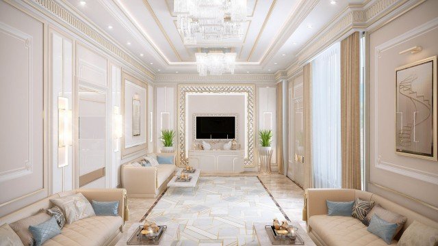 Luxurious modern bedroom with beautiful white and golden furniture, decorated with magnificent crystal chandelier.