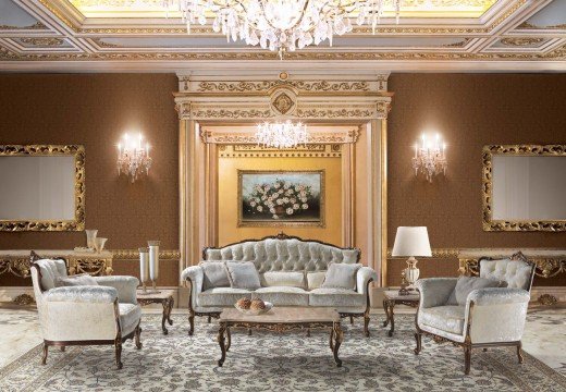 Modern bedroom design in luxurious style with elegant beige color, elegant furniture and crystal chandelier.