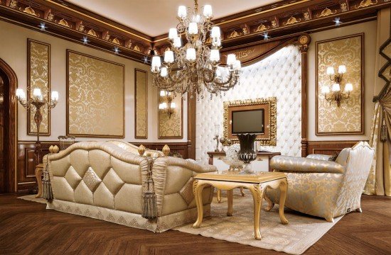Luxurious classic interior with intricate details, featuring a stunning chandelier, luxury furnishings and wall decorations.