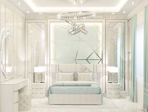 Luxurious modern bedroom in classic style with velvet headboard and white bedding set framed by crystal chandelier and warm light.