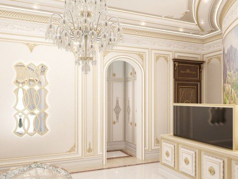 This picture shows a luxurious, modern foyer with a beautiful crystal chandelier hanging from the ceiling. The floor has a checkered pattern of grey and white tiles, and the walls are adorned with ornate white molding. In the center of the room is a beautiful white marble staircase that curves elegantly up to the second floor. There are two doors at either end of the room, leading out to the rest of the house.