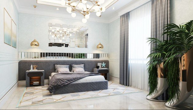 Luxury Royal Bedroom with golden marble adorning, centred crystal chandelier, and grand fireplace for timeless elegance.
