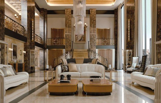 Romantic luxury living room of a villa with presentable furniture and decorated crystal accessories.