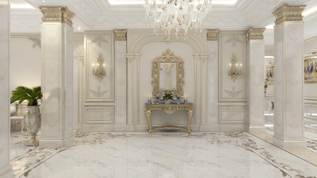 Luxurious white and gold bedroom with large windows, high ceiling, and grand chandelier. A perfect place to relax and enjoy.