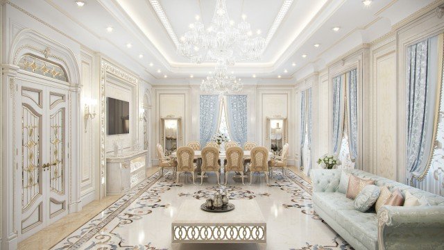 Luxury palace lobby with marble walls, ceilings and floors. Gold accents create a stunning ambiance.