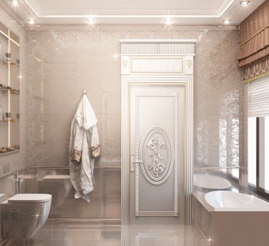 This picture depicts a grand and luxurious bathroom suite. It features a marble bathtub with two gold vanity sinks, a large window with shutters, a ceiling with intricate gold detailing, and a luxurious cream carpet. The lighting fixtures and decorative elements add to the opulent atmosphere of the room.