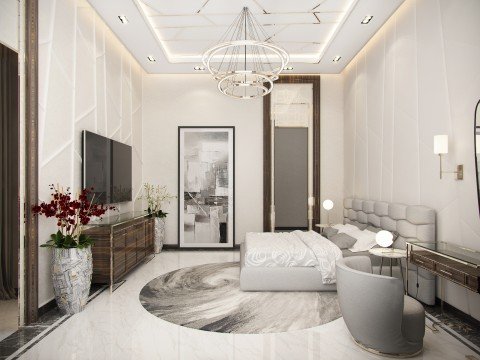 This modern interior design exudes style and sophistication with its classic white furniture and stone-tiled floors.