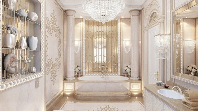 Luxury marble interior with golden accents and decorative elements, creating an atmosphere of splendor and sophistication.