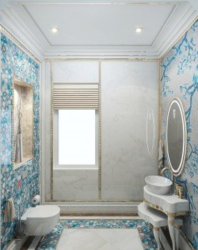 This picture shows a luxurious white and marble bathroom in an upscale home. The bathroom features a large free-standing soaking tub adorned with a single red rose, a gold-framed mirror, a modern sink and elegant cabinets and drawers. The walls are tiled in white marble and accented with gold and glass fixtures. The floor is finished in white marble tiles that add a touch of elegance to the room.