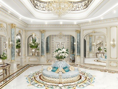 This picture shows a modern living room with an elegantly designed ceiling. The ceiling has curved and intricate lines, with recessed lighting and an ornate gold chandelier. The walls are white with gold ornamental accents and the floor is made of marble tiles in a light beige color. There is a luxurious couch with colorful pillows on the right side of the room and an ornate coffee table in the center.