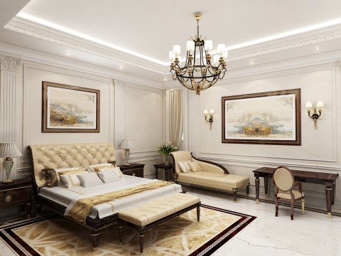 The picture shows a luxurious, contemporary living room with an open floor plan. The space is characterized by large, white leather couches, a low glass top coffee table, and a cream-colored area rug. There is also a large white marble fireplace, minimal shelving and storage spaces, and several large windows that allow natural light to fill the room. The walls are painted a deep navy color and modern lighting fixtures provide a warm ambience.