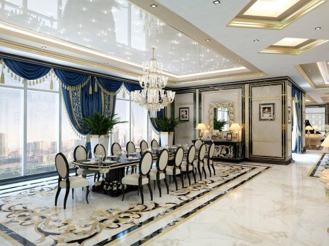 This designer space is the perfect mix of modern and classical luxury, with a unique sense of style.