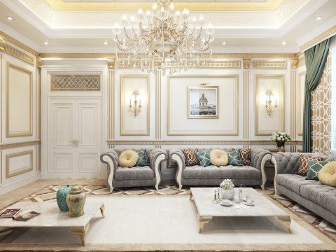 A modern living room designed with elegant moldings and furniture, creating a luxurious and refined atmosphere.