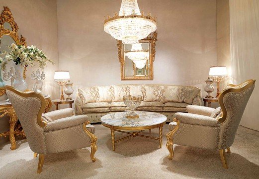 Modern living room interior with luxury golden furniture, white walls and details. An ideal place for comfort and relaxation.