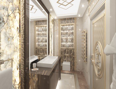 The picture shows a luxurious bathroom with a marble countertop and golden accents. A tall, sculpted mirror is mounted on the wall. There is a floating vanity with two modern, freestanding sinks. An ornate chandelier hangs above the room and two long rectangular windows are covered with sheer curtains. The walls are tiled with a decorative pattern and the floor is made of white marble.
