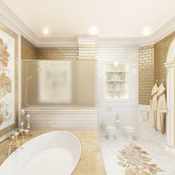 This picture shows a stunningly designed marble and gold bathroom. The room features white marble walls, with an ornate gold framed mirror above a marble basin with a modern sink. There is a gold chandelier that hangs from the ceiling, as well as a luxurious gold faucet and two marble shelves on either side of the mirror. The room also has a large circular window which allows natural light to come in, further enhancing the beauty of the space.