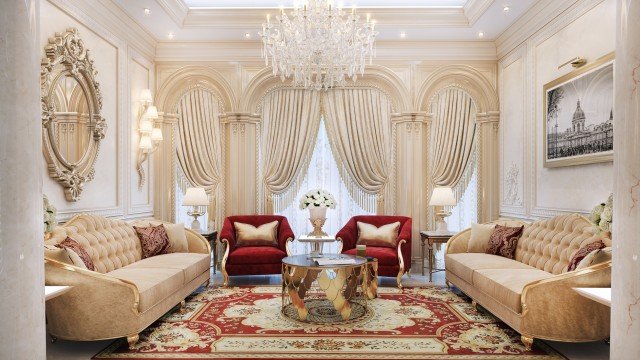 This picture is of a luxury living room. It features a tall, ornate fireplace surrounded by modern furniture and ornate décor elements. The walls are painted in a light color with accents of woodwork, gold, and silver. A grand piano sits on one side, with a large window that looks out over the city skyline. A variety of artwork and sculptures give the room an elegant atmosphere.