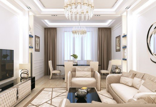 This picture shows a modern, luxurious living room with a unique design. The room features an elegant cream-colored sofa with a bright gold coffee table, a white and gold armchair, and a patterned rug. There is also a beige armoire with a curved gold frame and accents on either side. The walls are painted in a light beige color, while the ceiling is painted in a darker shade of beige with a metallic trim along the edges.