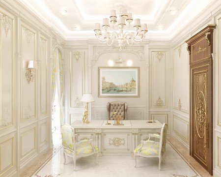 This picture shows an interior of a modern and luxurious penthouse apartment. It features a grand staircase with marble walls, white marble flooring, and a decorative chandelier hanging from the ceiling. There are furniture pieces, including a sofa and two armchairs, in the living room, and there's a large window looking out onto a balcony with a table and chairs.