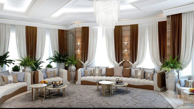 This picture shows an elegant and modern living room design. The room features a light colored fabric sofa, a glass coffee table with a floral centerpiece, and a wooden end table with a lamp. On the walls are neutral-toned wallpaper with a subtle geometric pattern, and a chandelier hangs from the ceiling. The overall atmosphere is sophisticated and inviting.
