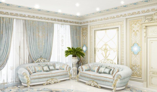 This picture shows an extravagant and luxurious living room. It features grand furniture, glossy marble floors, and lavish light fixtures. The walls are intricately painted in a beautiful palette of blues and creams, while the seating is upholstered in a soft cream-colored fabric. An ornate gold mirror hangs on the wall, adding a hint of sparkle. The room also has luxurious details such as gold accents and beaded curtains that add texture. Overall, this picture shows a sophisticated and opulent space that looks perfect for entertaining.