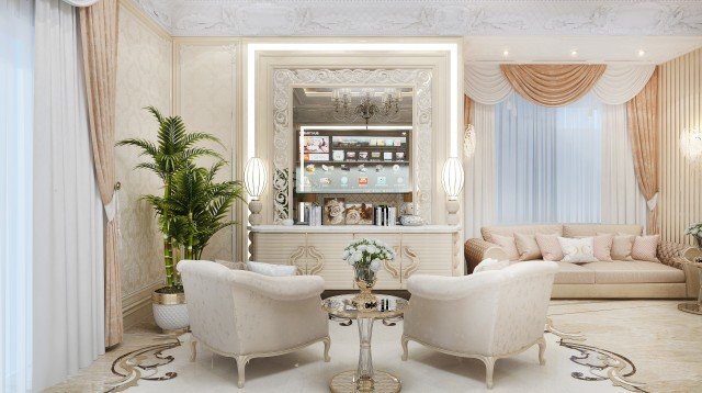 Luxurious white bedroom in classical style, with elegant furniture and exquisite chandelier, filled with comfort and coziness.