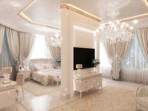 Luxury master bedroom boasting a large bed, huge windows and an elegant interior design for a truly relaxing atmosphere.