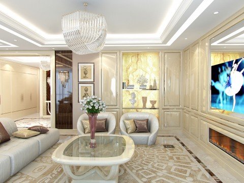 Interior with black and white striped walls and golden furniture that bring luxury to any home.