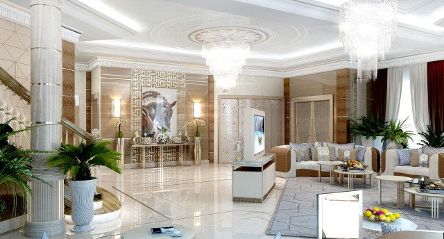 Modern kitchen interior with luxury marble countertop, golden decor and chandelier for a warm, comfortable atmosphere.