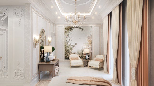 What looks like a beautiful room in an estate, but is actually a modern living room with a plush sofa surrounded by white walls and stylish decor.