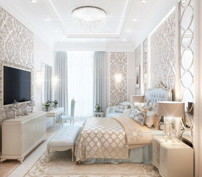 Luxury bedroom design with marble walls, elegant furniture, and golden accents of sophistication and glamour.