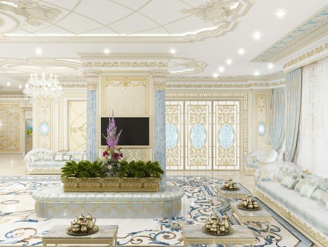 Portrait of an ideal luxurious interior: gold furniture, marble fireplace and elegant glass chandeliers. Perfect for royalty.