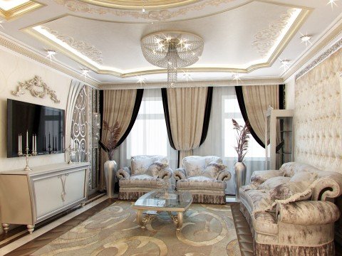 This picture shows a grand and luxurious living room in a contemporary style. The room features a crystal chandelier hanging from the ceiling, a large white sectional sofa with pillows and a decorative rug, a dining set with a glass table, modern artistic wall décor, floor to ceiling curtains, and beautiful hardwood floors.