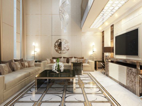 A modern living room with a stylish sofa, abstract painting and luxurious crystal chandelier that creates a welcoming atmosphere.