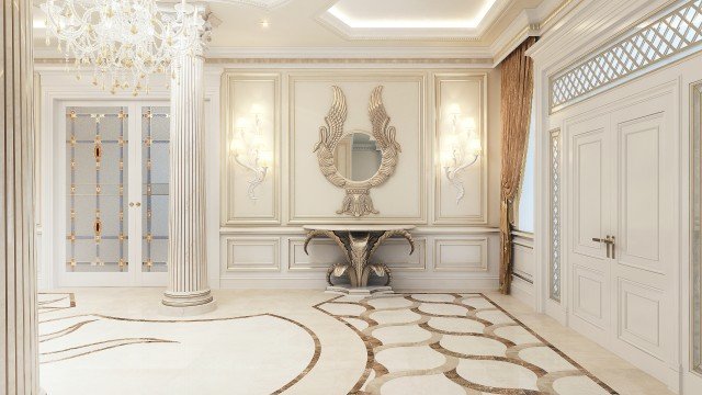 A beautiful, luxury bathroom with a marble sink and a matching gold trim along the wall. Perfect for a royal palace!
