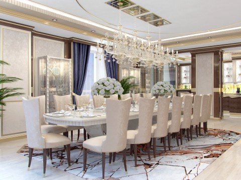This picture is showing an interior design of a luxurious dining area with a grand chandelier and elaborate wall paneling. The walls have a soft beige colour and are covered with intricate white mouldings. The ceiling is adorned with a large crystal and gold chandelier, while the dining table is finished in a dark brown hue. Along the length of the room, two dark mahogany sideboards are set into the wall, adding to the richness of this elegant space. The overall atmosphere of the design is one of opulence and grandeur.