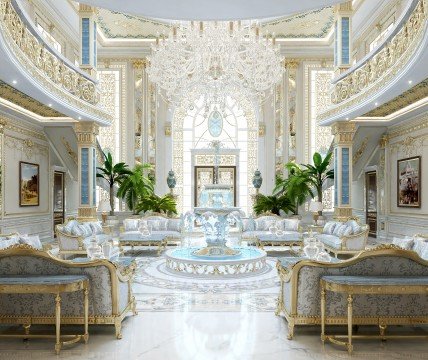 This picture shows an opulent and luxurious living room. The furniture is composed of a white sectional sofa, two velvet accent chairs, a glass coffee table, and a furry rug that all sit on a dark wooden floor. The walls are decorated with gold patterned wallpaper, and the ceiling is covered in intricate crown molding. There is a lot of natural light from tall windows on the left wall and a grand chandelier hangs from the center of the room.
