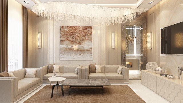 Luxurious interior with a modern sofa, an intricately carved armchair, and an elegant chandelier, creating a perfect balance of comfort and class.