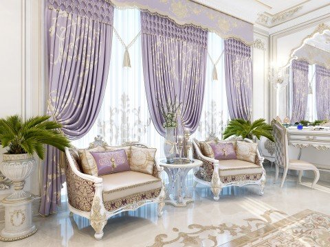 This picture shows a luxurious living room featuring an ornate white-and-gold ceiling, plush golden furniture, and marble flooring. There is also a large, ornate mirror on one of the walls. The room has plenty of natural light coming in from the many windows.